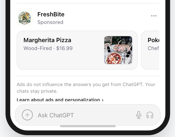 FreshBite Margherita Pizza card showing an overhead table scene with two pizzas, chairs, and place settings