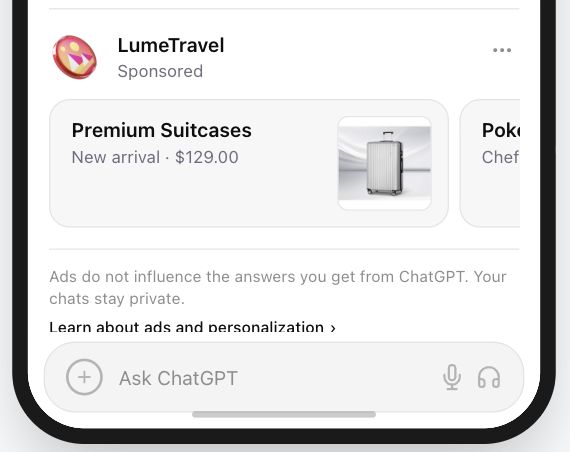 LumeTravel Premium Suitcases card showing a silver suitcase in a pale corridor