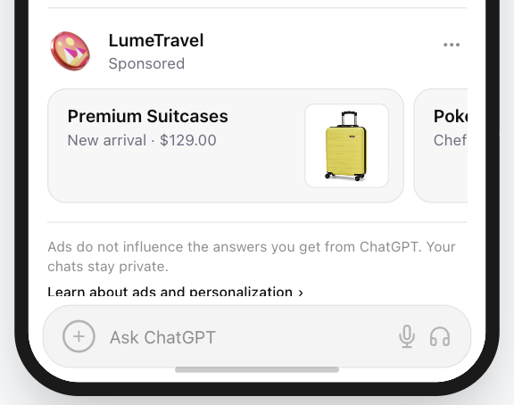 LumeTravel Premium Suitcases card showing a yellow suitcase on white