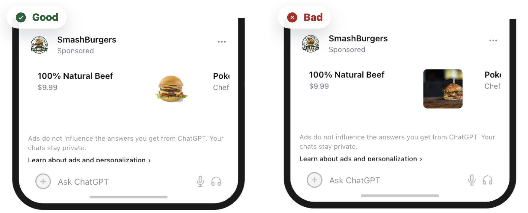 Side-by-side Good and Bad SmashBurgers sponsored-card mockups showing clear versus cluttered ad imagery